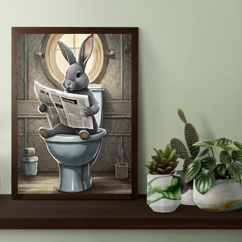 Quadro Coelho no Banheiro Lendo Jornal 45x34cm:moldura Branca