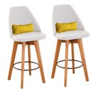 Ver imagem 1 de Kit 02 Banquetas Alta Maya Giratória Com Encosto Gourmet Linho Bege e Almofada Corino Amarelo -