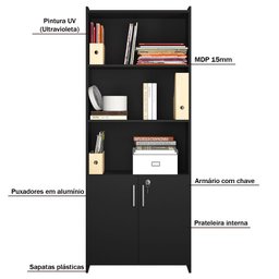 Armário Multiuso Notável 2 Portas com Chave e Prateleiras Escritório Preto - 4
