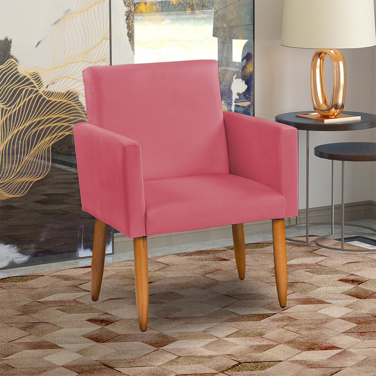 Poltrona Decorativa Cadeira Reforçada Para Sala E Recepção Escritório Suede Rosê Pé Castanho - 1