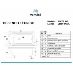 Banheira Anita, Vitoriana Imersão, Clássica, Branca 145x79x63, sem Hidromassagem, Pés Cromados, Vers - 3