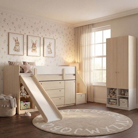 Cama Elevada com Escorregador Artsy e Guarda Roupa 2 Portas Curió Casatema MadeiraOriginals Natural