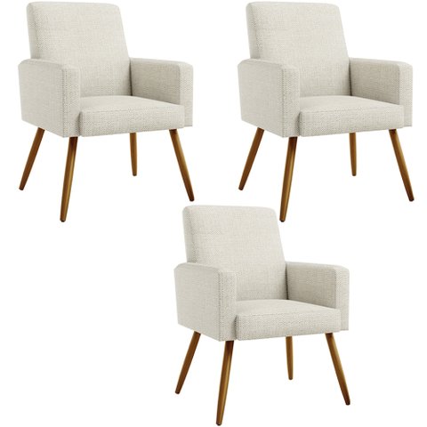 Kit 03 Poltronas Decorativa Para Sala De Estar Maria W01 Pés Palito Linho Champagne - Lyam Decor