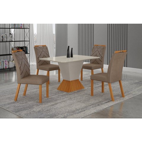 Conjunto Sala de Jantar Larissa 1,20m Tampo Copo Off com 4 Cadeiras Cinamomo/Off/Joli Palha