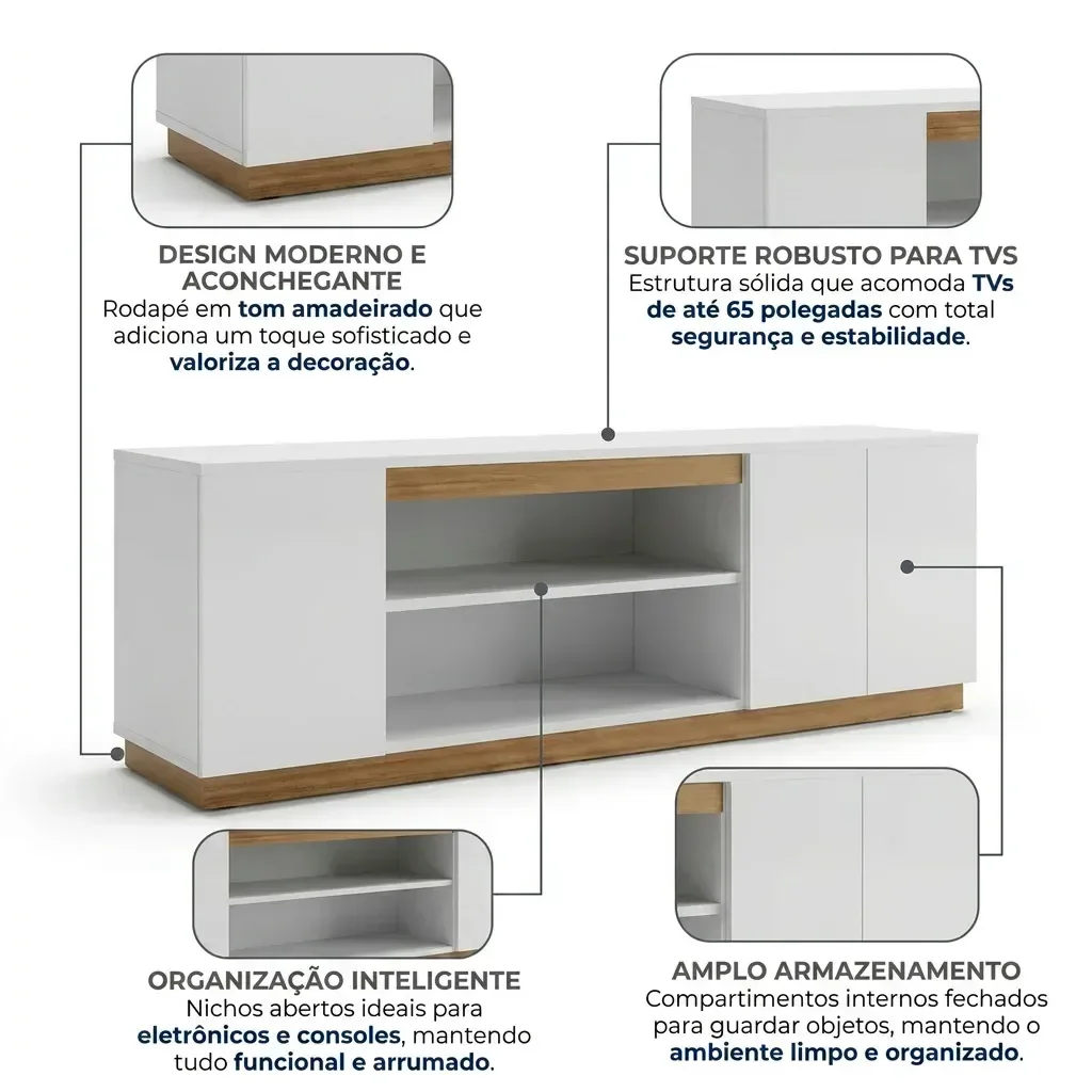 Ver imagem 4 de Rack para Tv até 65 Poelgadas Design Moderno Sala Branco/Amadeirado