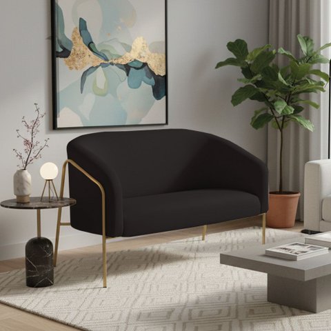 Sofá 2 Lugares Namoradeira Stella Base Industrial Alta Dourada Suede Preto D03 - D’Rossi