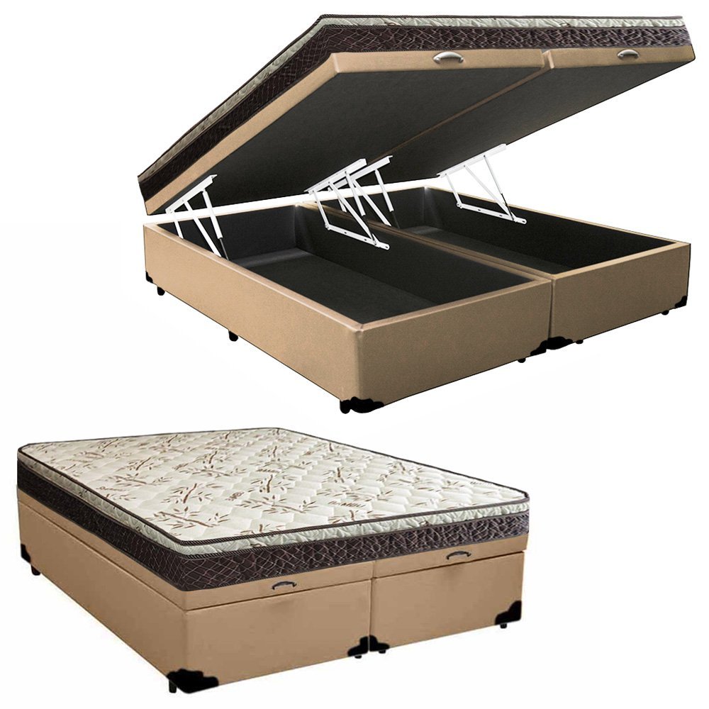 Cama Box Baú Queen Sintético Bipartido + Colchão Elegance Ortopédico Espuma D33 Extra Firme 158x198x