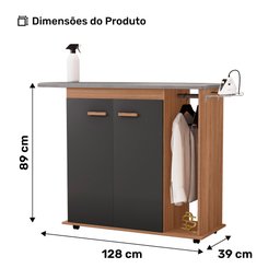 Tábua de Passar Roupa Top 02 Portas com Suporte para Ferro e Cabideiro Freijó Grafite - Desk Design - 4