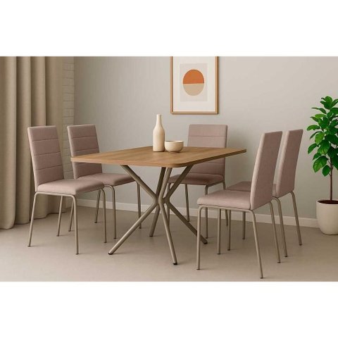 Conjunto: Mesa Sala Jantar Loire C/ Tampo de Madeira 1.60cm + 6 Cadeiras Amsterdã Niquel/corano