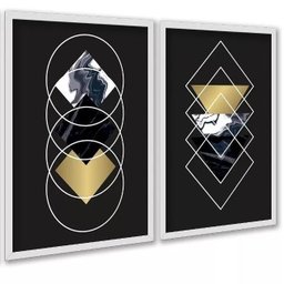 Kit 2 Quadros Geométricos Preto Dourado Mármore 24x18cm:moldura Preta - 2