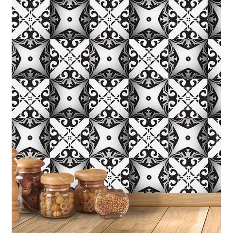 Papel de Parede Autocolante Azulejo 3D Arabesco em Tons de Preto e Branco