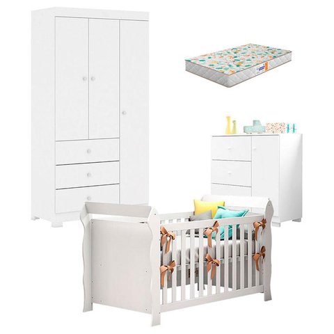 Quarto de Bebê Duda 3 Portas e Berço Americano Lara Branco Brilho com Colchão Gazin – Phoenix Baby