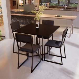 Conjunto Mesa de Jantar Quadrada Preta 4 Cadeiras Estofado Riviera Industrial Preto Don Castro Decor
