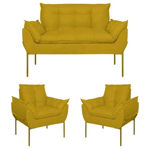 Kit 2 Poltronas + Namoradeira Pé Metal Dourado Recepção Sala Cor:amarelo