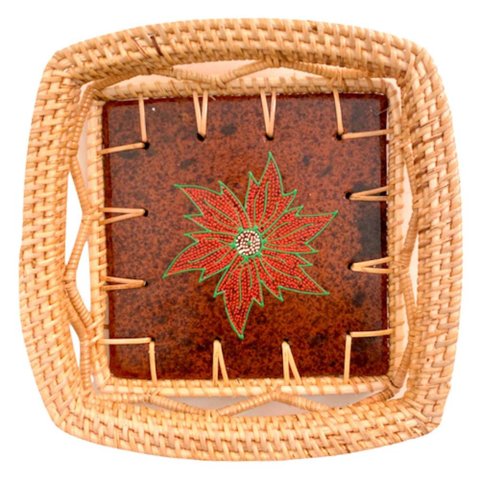 Bandeja Quadrada Rattan e Ceramica Floral Pintada a Mao 2