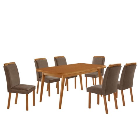 Mesa de Jantar Copper 180cm Tampo MDF Vidro Canto Copo com 6 Cadeiras Madeira Athenas