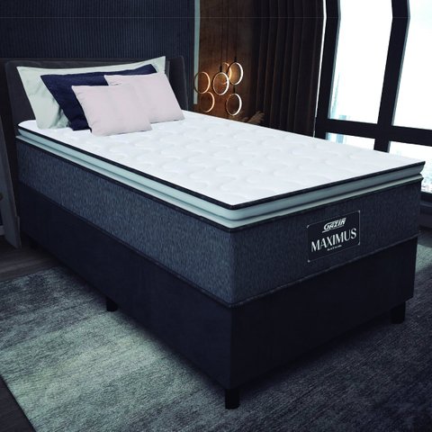 Cama Box Solteiro Colchão Molas Ensacadas Pillow Top Maximus 88x188x67cm Cinza / Preto Gazin