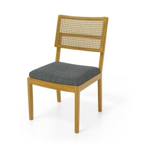 Cadeira Milena Madeira Maciça Assento Estofado Encosto de Tela Palha Sextavada Linho Chumbo 406