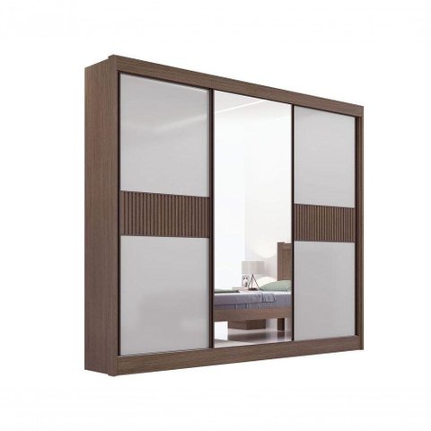 Guarda Roupa Cristal Casal 3 Portas Ripado 6 Gavetas com Pés D' Doro Castanho/Off White/Ripado
