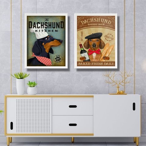 Kit 2 Quadros para Cozinha Dachshund 33x24cm - com Vidro:moldura Branca