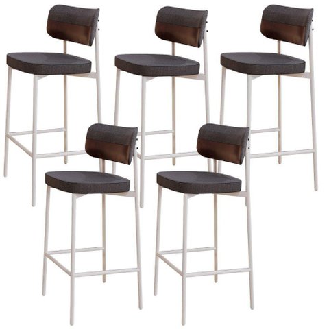 Kit 05 Banquetas Alta Bar Cozinha Sala de Jantar Aço Branco Kaira C01 Linho Preto Courino Café -