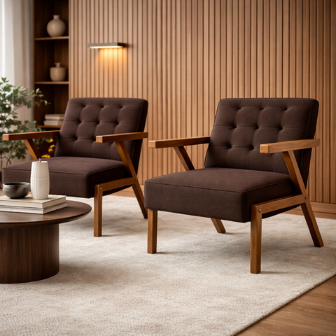 Kit 2 Poltronas Zara Capitone Tecido Boucle Moderna Decorativa Pés em Madeira Maciça para Sala de Es