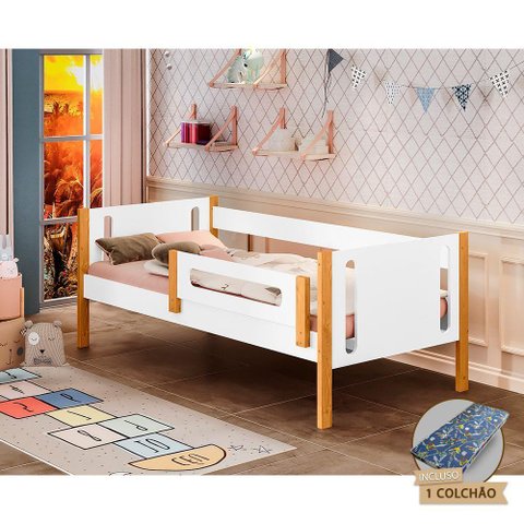 Cama de Solteiro Infantil Mirela Branca/mel com Grade de Proteção e Colchão - Branco