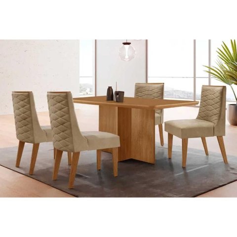 Sala de Jantar Completa Berlim C/ Tampo Madeirado Canto Curvo 120x80cm e 4 Cadeiras Dafne Naturale