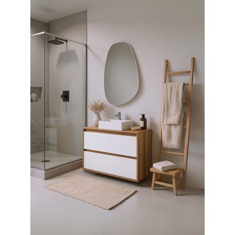 Gabinete para Banheiro com Cuba e Espelheira Organica 80cm Mdf Freijo com Branco Dubai - On Móveis