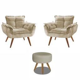 Kit 2 Poltronas Decorativas Opala com Puff Redondo Bege - Visa Decor - 1