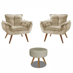 Kit 2 Poltronas Decorativas Opala com Puff Redondo Bege - Visa Decor
