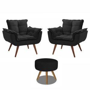 Kit 2 Poltronas Decorativas Opala com Puff Redondo Preto - Visa Decor
