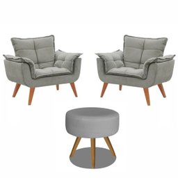 Kit 2 Poltronas Decorativas Opala com Puff Redondo Cinza - Visa Decor - 1
