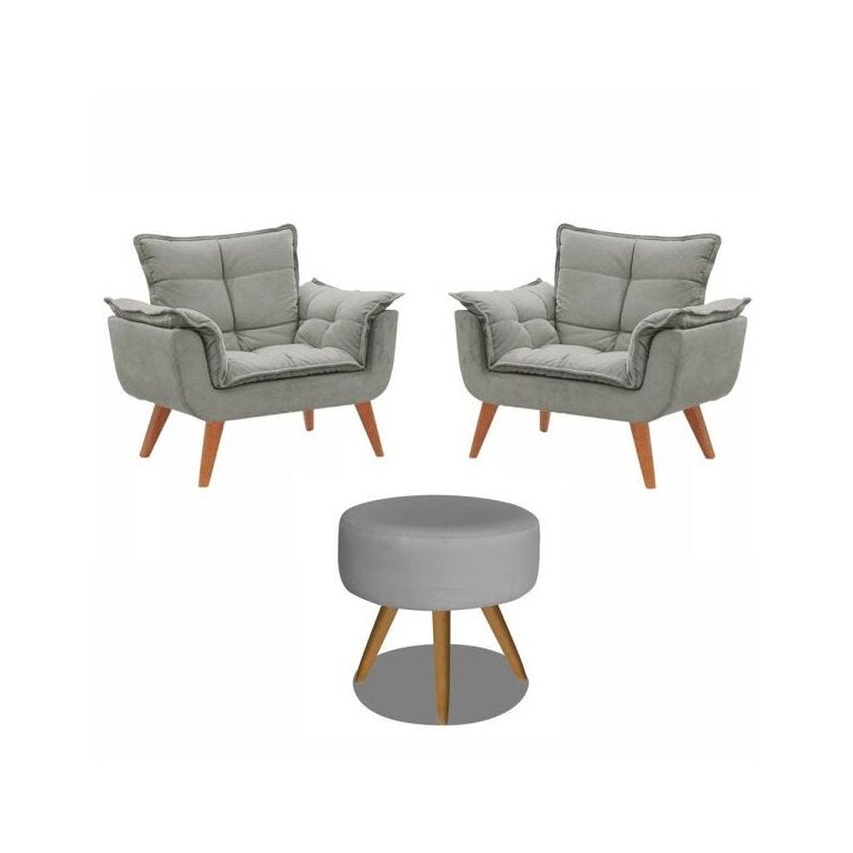 Kit 2 Poltronas Decorativas Opala com Puff Redondo Cinza - Visa Decor