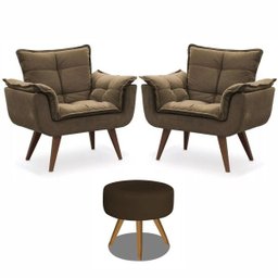 Kit 2 Poltronas Decorativas Opala com Puff Redondo Marrom - Visa Decor - 1
