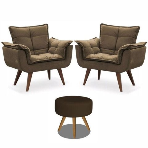 Kit 2 Poltronas Decorativas Opala com Puff Redondo Marrom - Visa Decor