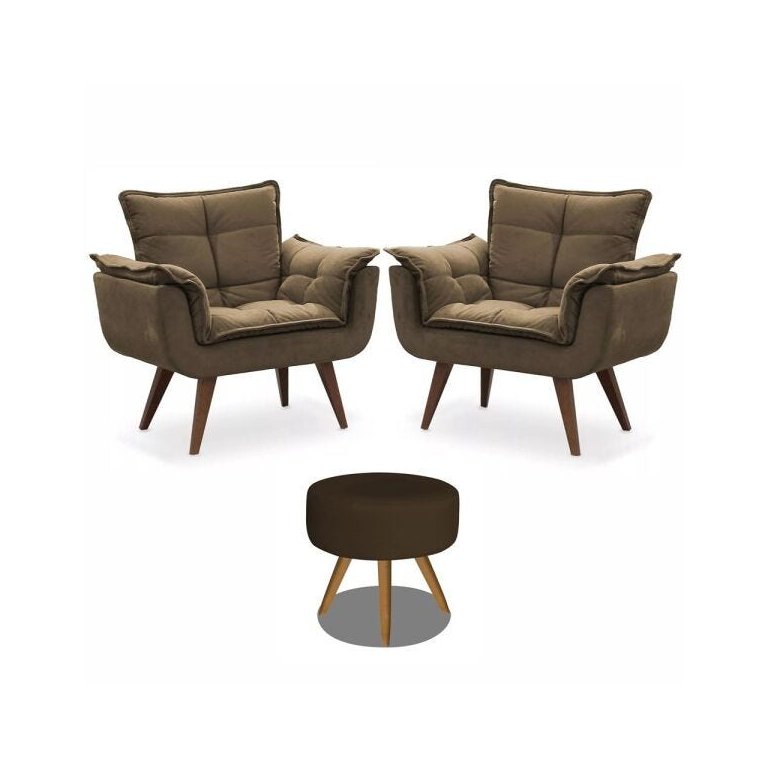 Kit 2 Poltronas Decorativas Opala com Puff Redondo Marrom - Visa Decor