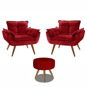 Kit 2 Poltronas Decorativas Opala com Puff Redondo Vermelho - Visa Decor