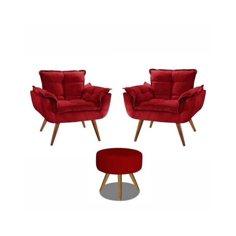 Kit 2 Poltronas Decorativas Opala com Puff Redondo Vermelho - Visa Decor