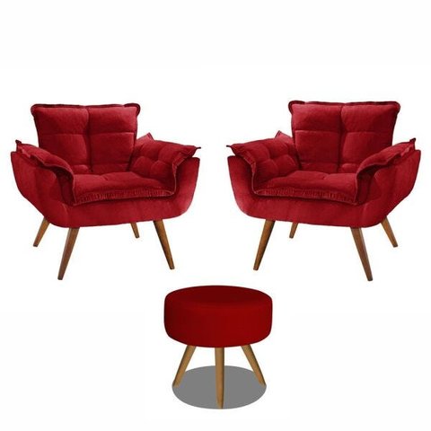 Kit 2 Poltronas Decorativas Opala com Puff Redondo Vermelho - Visa Decor
