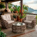 Ver imagem 3 de Jogo 2 Poltronas e Mesa de Centro Tampo de Vidro Aço e Corda Náutica Rami Aruá Courino Branco