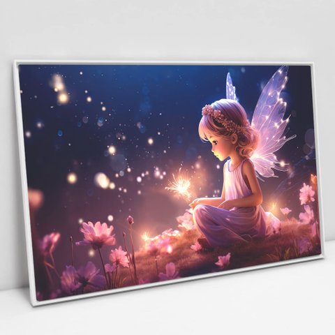 Quadro Decorativo Fadinha em Tela Canvas Tacolado Moldura Flutuante 4,5cm Branca 80 X 120cm
