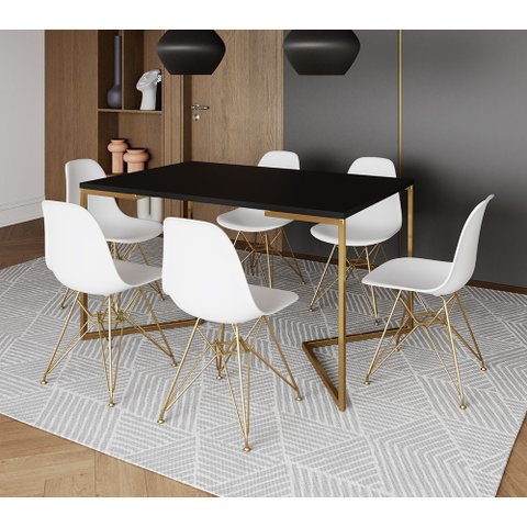 Mesa Jantar Industrial Retangular 137x90cm Preta Base V com 6 Cadeiras Eames Eiffel Brancas Base Dou