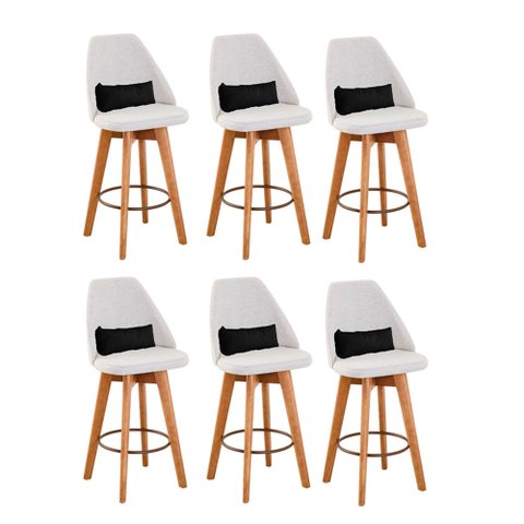 Kit 06 Banquetas Alta Maya Giratória Com Encosto Linho Bege Claro e Almofada Suede Preto - Gat
