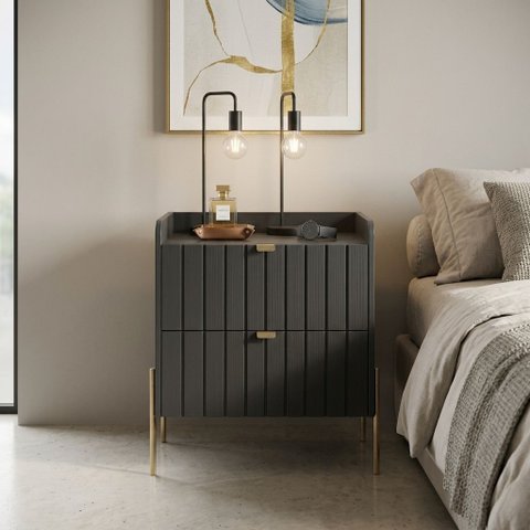 Mesa de Cabeceira Moriah 45cm Grafite com 2 Gavetas MDF Industrial Pés e Puxadores em Ferro Dourado