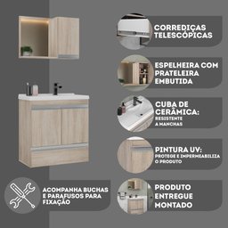 Kit Gabinete Banheiro Fox 60cm Madeirado Inteiro (gabinete + Cuba + Espelheira) - 6