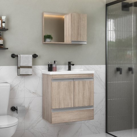 Kit Gabinete Banheiro Fox 60cm Madeirado Inteiro (gabinete + Cuba + Espelheira)