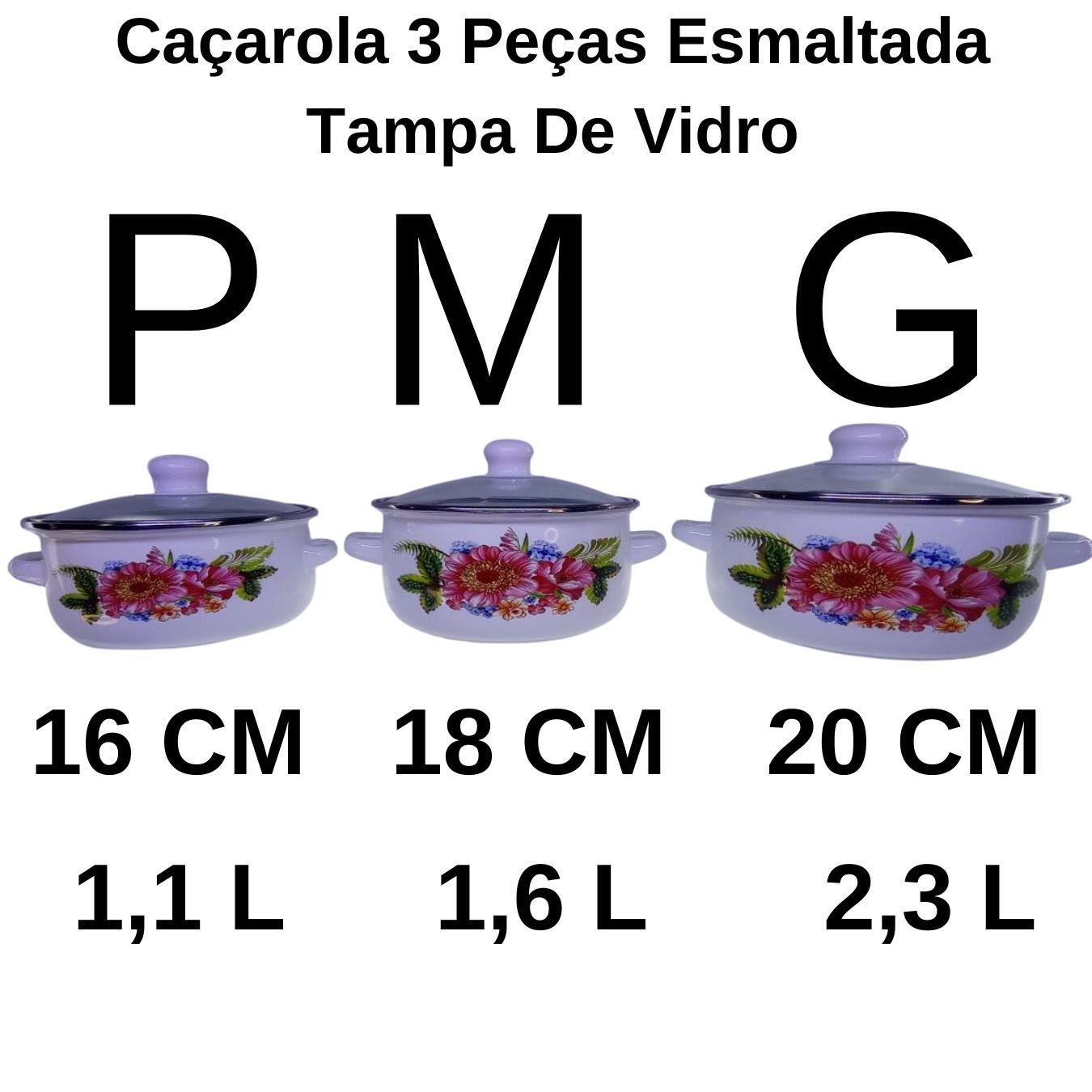 Jogo Caçarola 3 Peças Esmaltada Tampa De Vidro - 3