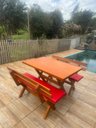 Ver imagem 1 de Mesa para Área Externa com 2 Bancos com Encosto Estofado Vermelho 120x80cm Kit Churrasco Mel