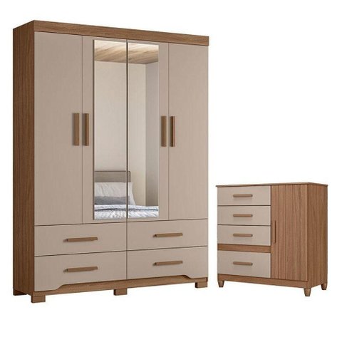 Guarda Roupa Solteiro Miami e Cômoda Vênus com Pés Carvalho Fendi – Moval